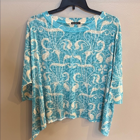 Nally & Millie ONE SIZE turquoise cream patterned top blouse asymmetrical - Picture 1 of 8